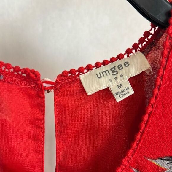 Umgee Red Floral Sleeveless Swing Dress Sz Medium Shift Lined Pleats Mini Spring - Picture 4 of 11